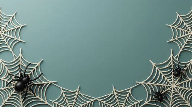 Spooky spider web border with black spiders on a dark green background