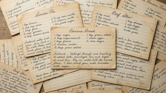 Collection of vintage handwritten recipe cards with old culinary instructions.