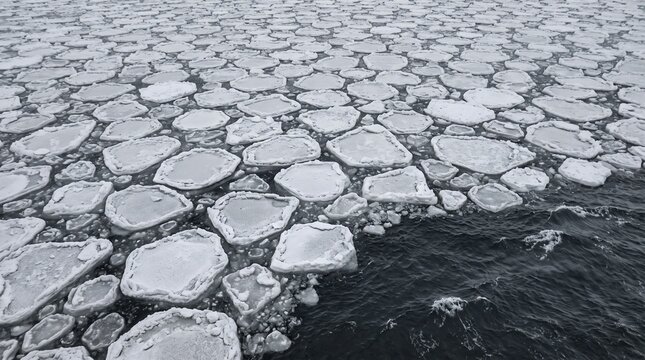 Pancake floes jostling with raised rims on a grey polar swell