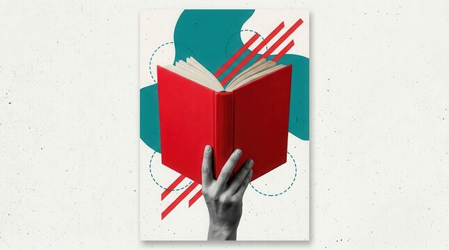 3D photo collage artwork of a hand holding an open book for education and learning