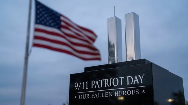 9/11 Patriot Day remembrance featuring twin towers model and American flag waving in the background.
