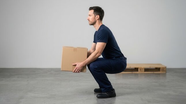 Man demonstrating correct lifting technique with bent knees and straight back for workplace safety.