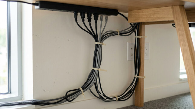 Neat cable management under a wooden desk using zip ties