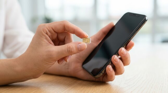 Close up of woman hands inserting a sim card into a smartphone on a table.