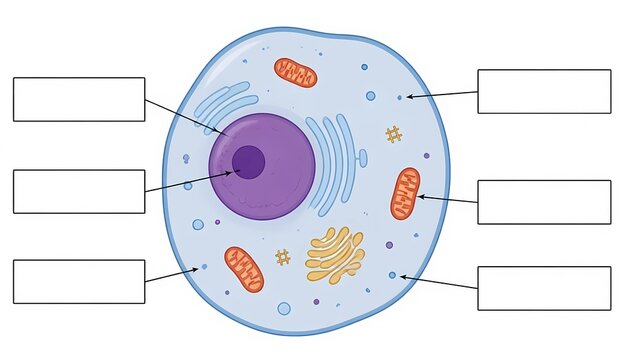 Simplified 2D animal cell anatomy cross-section vector diagram, blank educational template with label callouts
