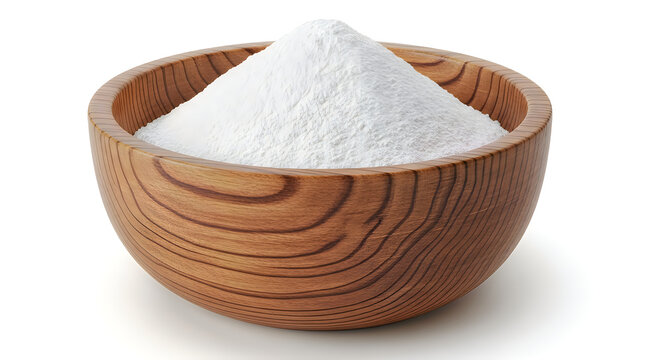 White flour or baking soda powder in a small wooden bowl isolated on a white background
