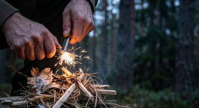 Man's Hands Lighting a Campfire &ndash; Outdoor Survival Close‑Up