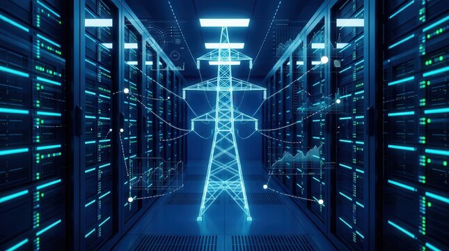 High-voltage power transmission tower integrated with a digital data center and smart grid monitoring interface.
