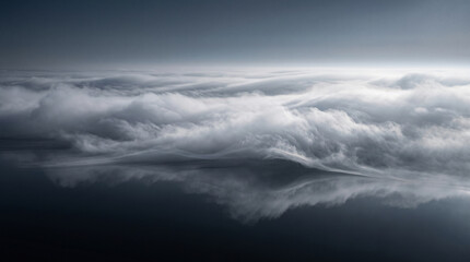 Obraz premium A serene aerial view shows rolling white clouds above dark reflective water, creating a calm atmosphere for design backgrounds