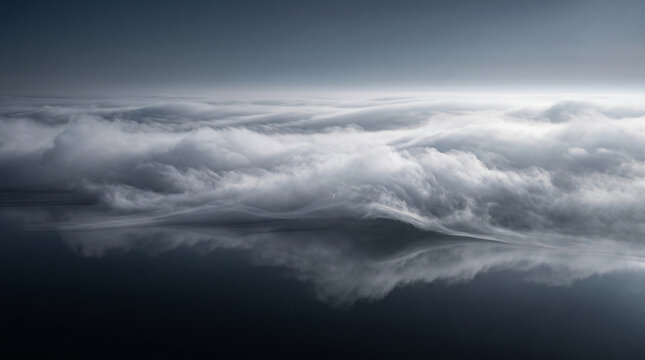 A serene aerial view shows rolling white clouds above dark reflective water, creating a calm atmosphere for design backgrounds
