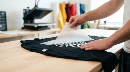 Obraz premium Man's hands peeling back a transfer sheet from a custom t-shirt after heat pressing in a workshop.