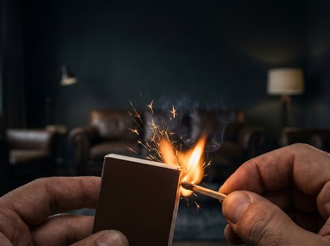 Close-up of Hands Striking a Match with Sparks in Dark Interior