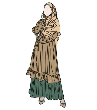 Faceless Muslim woman standing in modern hijab and abaya dress vector illustration, Minimalist vector line art of elegant hijab woman wearing trendy Modest fashion outfit, Faceless hijab girl vector