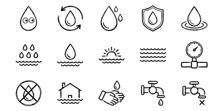 Hand-Drawn Water and Rain Protection Line Icons Set. Raindrop, River, Shower, Waterproof, Moisture, Liquid and Nature Vector Illustration Collection.