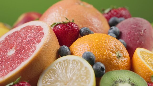 assorted fresh colorful fruits and berries rotating in a vibrant composition. Juicy peach, orange, strawberries, blueberries, kiwi, and grapes 