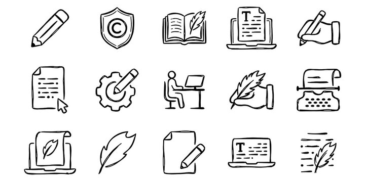Hand-Drawn Creative Writing and Content Marketing Line Icons Set. Feather Pen, Blogging, Storytelling, Social Media, Article Writing and Creative Strategy Vector Illustration Collection.