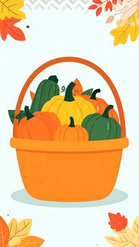 Autumn harvest basket filled with colorful pumpkins and fall leaves.