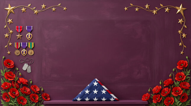 Veterans day memorial background with folded american flag medals and red poppies on purple surface.