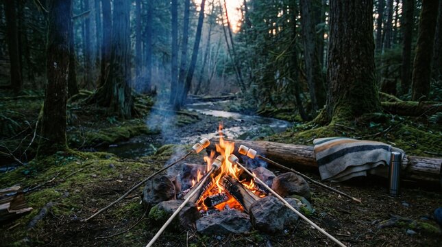Marshmallows roasting on wooden sticks over a campfire beside a river in a mossy forest with glowing campfire surrounded flowing stream twilight