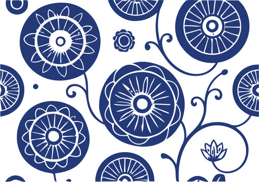 Blue and white floral seamless pattern with stylized circular flowers and elegant vines.