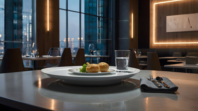 Smart automated restaurant robot assistant delivering fresh dessert plate to a table.