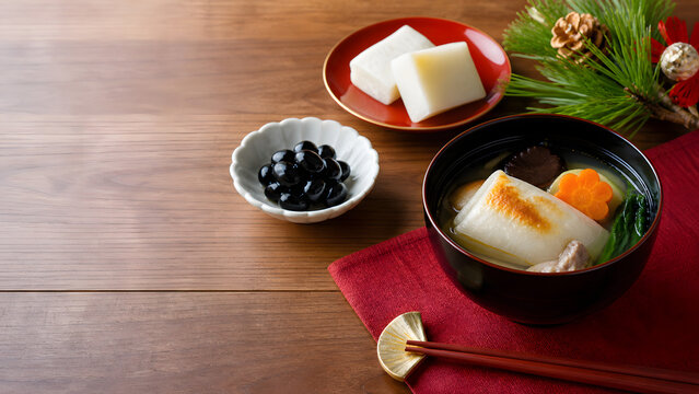 雑煮と黒豆を添えた正月の和食膳