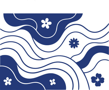 Blue and white floral seamless pattern with stylized circular flowers and elegant vines.