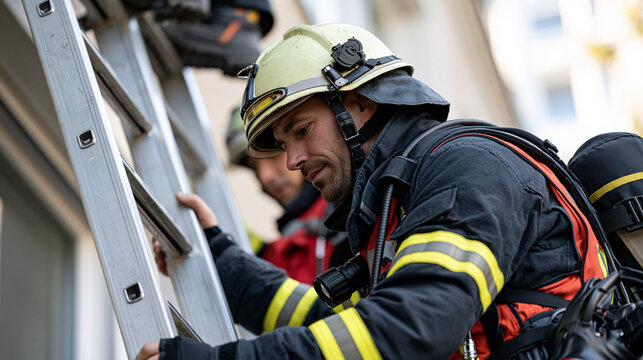 Firefighters climbing ladder during emergency rescue operation, prioritizing safety and service, displaying teamwork and dedication in their profession