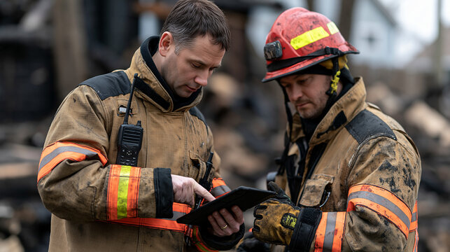 Firefighters using a digital tablet for strategic planning and incident command, analyzing damage in a post disaster environment