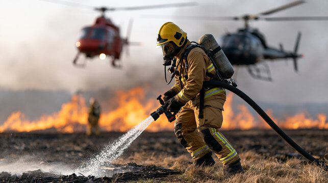 Firefighter battling wildfire with hose and water, extinguishing flames on dry grassland with air support from helicopters in the background
