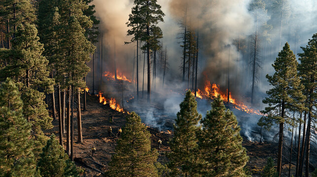 Wildfire raging through a pine forest. Spreading flames and thick smoke across the landscape. With firefighters working on containment lines