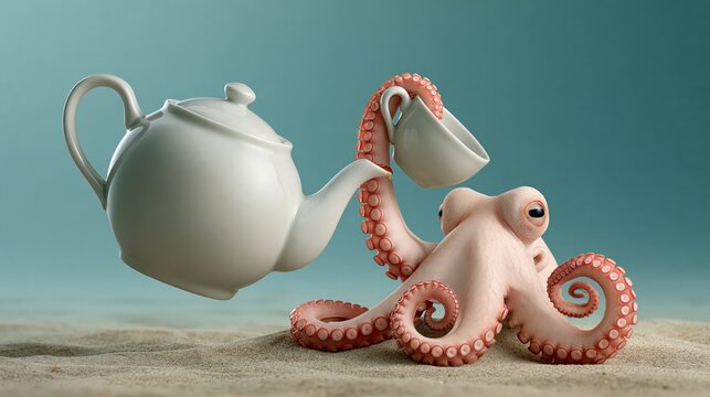 Teapot on ocean floor with octopus pouring tea