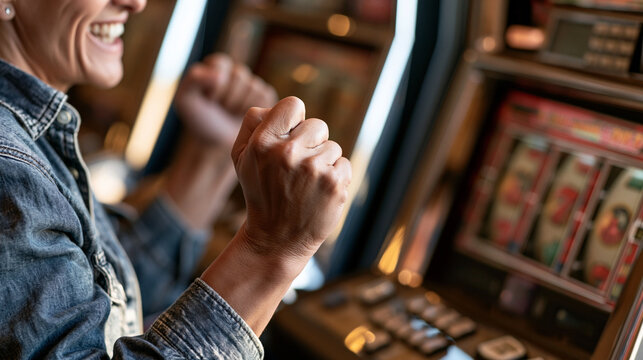 Excited woman celebrating winning jackpot at a slot machine in a casino, enjoying the thrill of gambling, luck, and entertainment