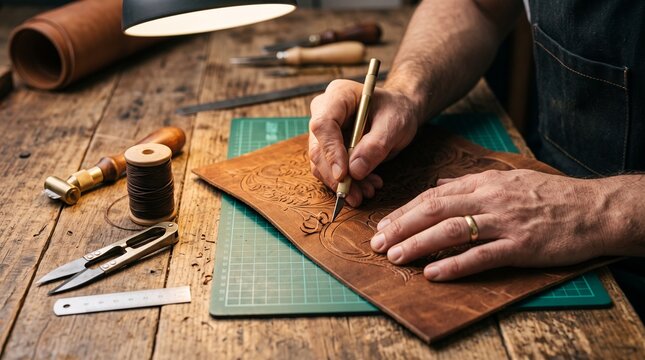 A leather artisan carves intricate patterns into a piece of brown hide on a workbench with detailed decorative designs leather green cutting