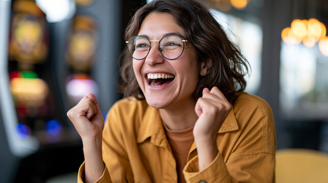 Excited young woman with glasses celebrating success, clenching fists in a gesture of winning, experiencing joy and happiness in a gaming environment