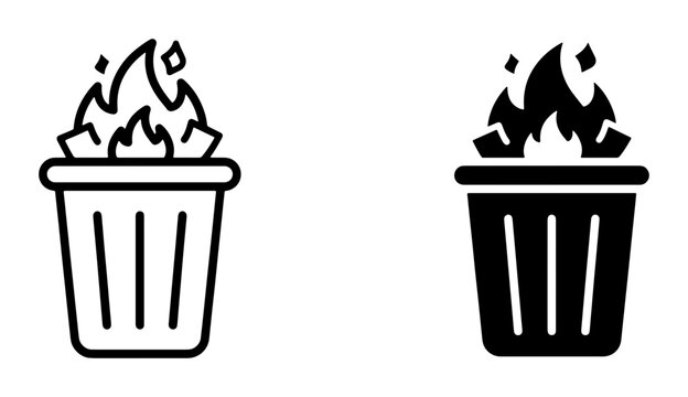 Burning Trash Can Icons, Fire Waste Bin Vector Graphics, Garbage Disposal Symbols, Environmental Hazard Illustration