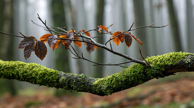 Moss covered branch featuring autumn leaves against a foggy forest backdrop, capturing natural beauty and a serene atmosphere on a tranquil day