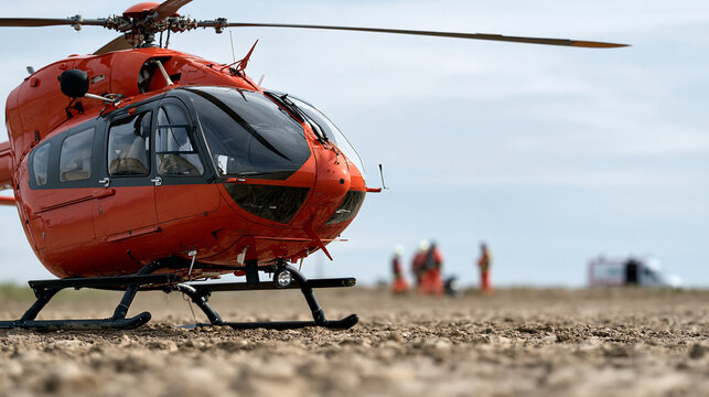 Red rescue helicopter landing on ground, emergency medical team assisting at an accident scene with ambulance, providing critical care transport, copy space