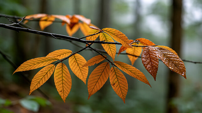 Autumn leaves on a branch showing vibrant orange and brown fall colors covered in fresh rainwater droplets in a blurred forest background