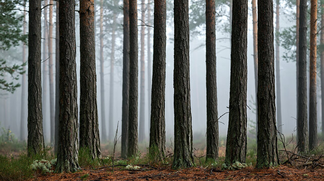Pine forest standing tall with tree trunks disappearing into a dense fog, creating an ethereal and tranquil woodland scene in the early morning mist