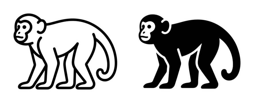 Two Monkey Icons: Black Silhouette and Outline Vector Art, Primate Animal Graphics for Wildlife and Zoo Themes