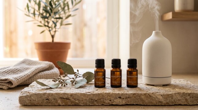 Essential oil bottles and an electric diffuser emitting steam on a stone surface indoors with releasing steam textured amber glass bottles next white electric