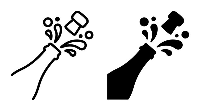 Champagne Bottle Pop Icons, Celebration Splashing Cork and Bubbles, Vector Graphics for Party and Event Design