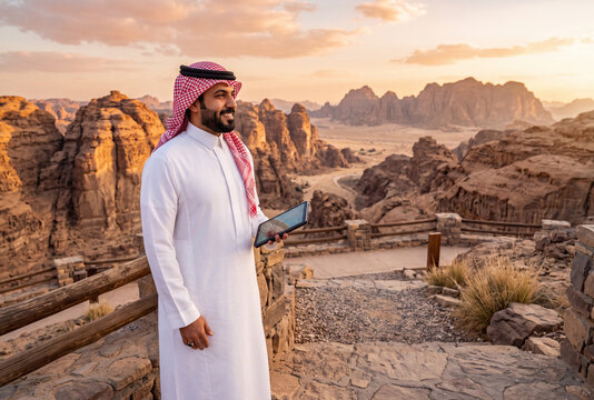 Saudi man in traditional clothing overlooking dramatic mountain scenery at sunset, creating a premium Saudi National Day 2026 tourism and heritage concept.