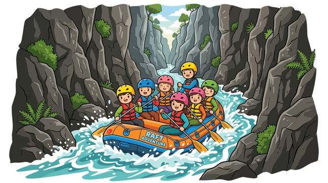 Rafting team navigating narrow rocky gorge rapids
