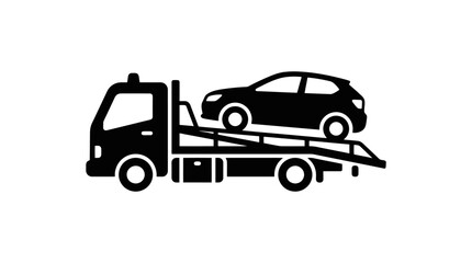 Fototapeta premium Black silhouette of a tow truck carrying a car isolated on a white background, perfect for transportation, automotive services, roadside assistance, and towing icons design