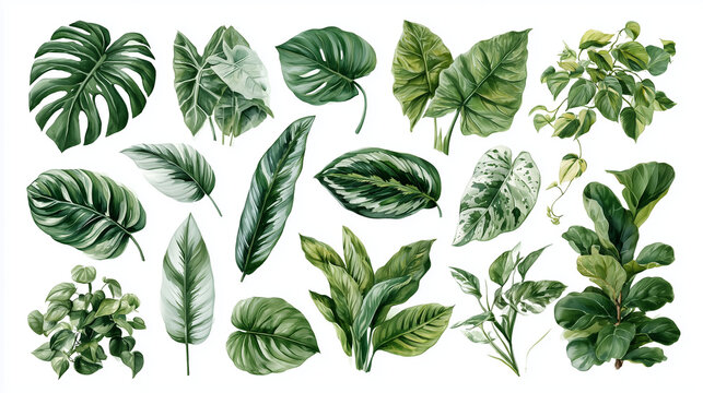 Collection of various tropical green houseplant leaves and foliage isolated on a white background