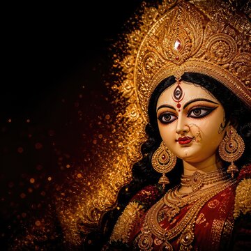 Divine Portrait of Goddess Durga in Golden Crown and Jewelry