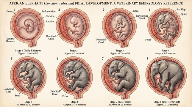 Educational diagram illustrating the eight stages of fetal development in an elephant within the uterus