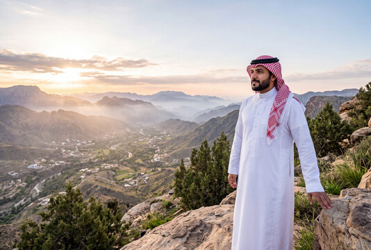 Saudi man in traditional thobe and red shemagh overlooking a dramatic mountain valley at sunset, representing Saudi tourism, heritage and natural landscapes.
